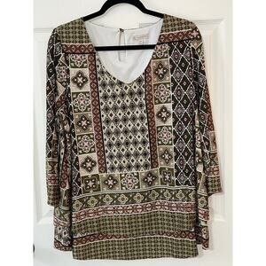 DB Established 1962 Patchwork Pattern Lined V-Neck 3/4 Sleeve Blouse Top Size 1X